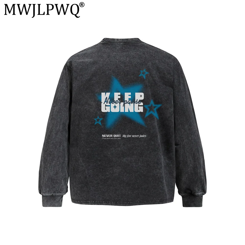 MWJLPWQ Star Print Distressed Long-Sleeve T-Shirt Men's Cotton Round Neck Loose Fit Men's Tide Style Tops Spring Autumn 20623