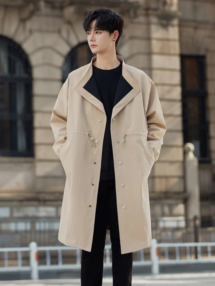 

Khaki Men's Long Coat Spring Autumn Briti Sle Windbreaker Casual Faion Youth Button Decoration Iron-Free Procing