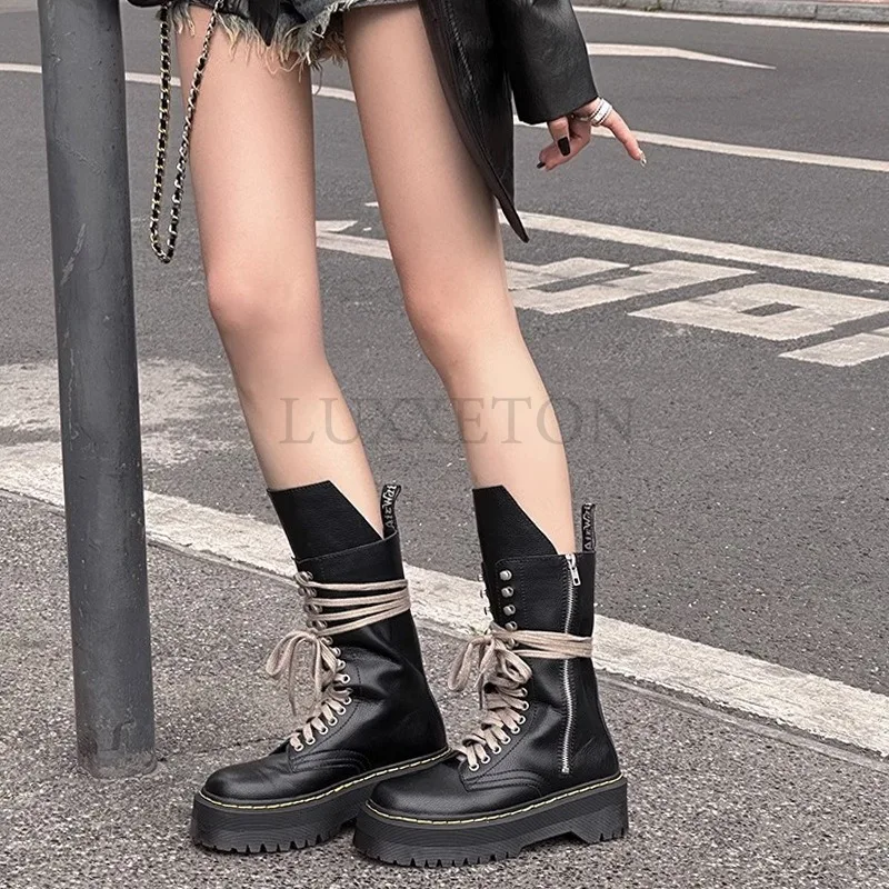 Genuine Leather Women Round Toe Thick Sole Mid Length Motorcycle Boots with Straps Punk Style Short Boots Casual Versatile