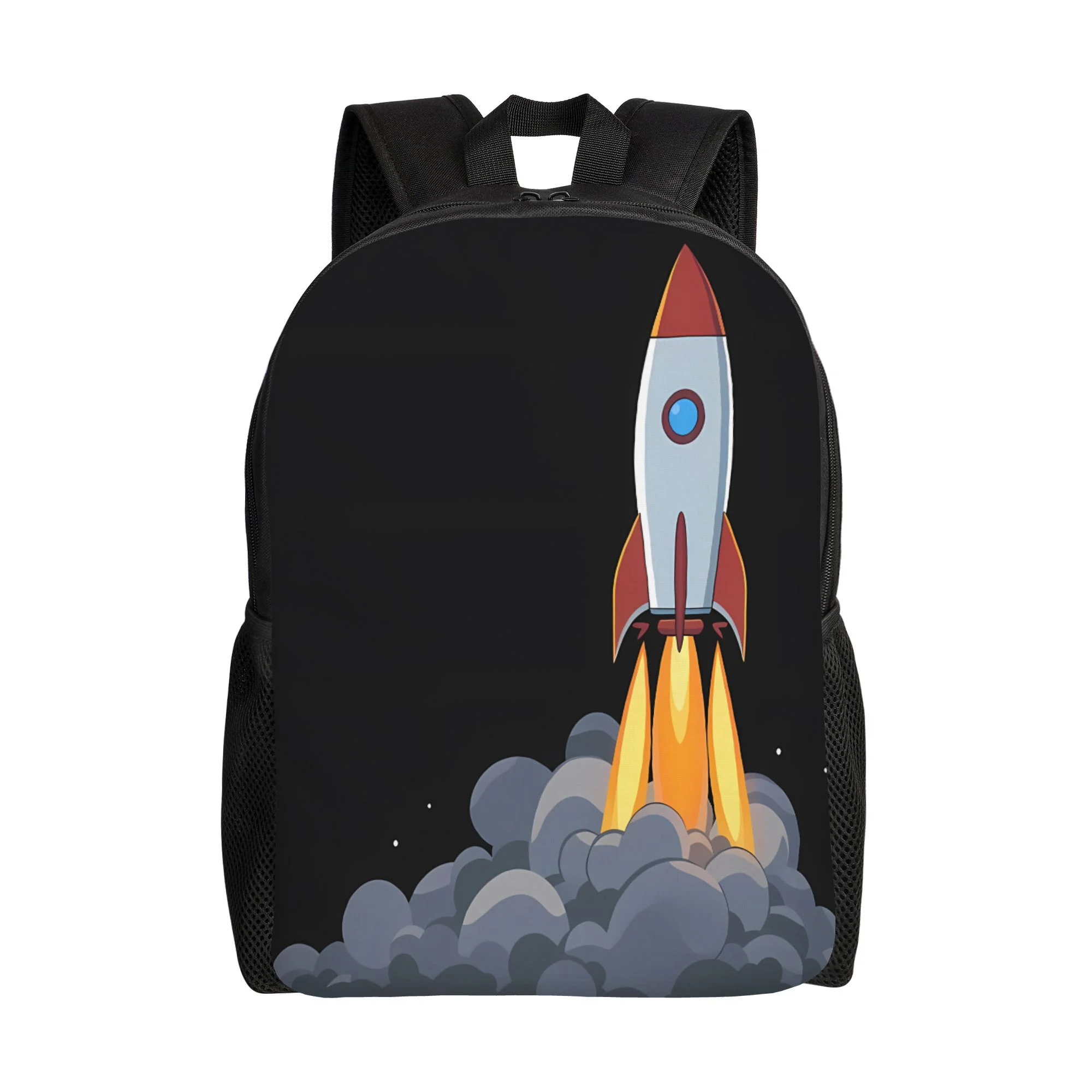 

Men's Minimalist Rocket Design Backpack - Black with red and blue space shuttle pattern, single compartment, durable