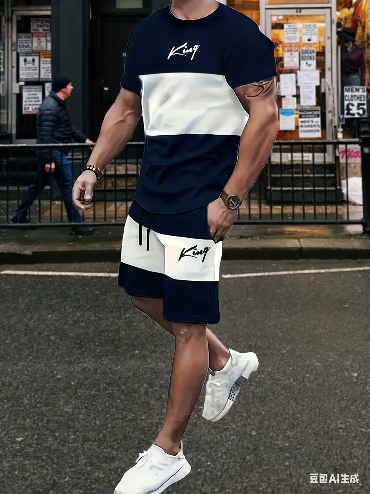 

3D Letter Printed Loose Casual Men's Set Summer Short Sleeve Shorts Men Two-piece Set Polyester Fiber Mesh Fabric Sport Clothing