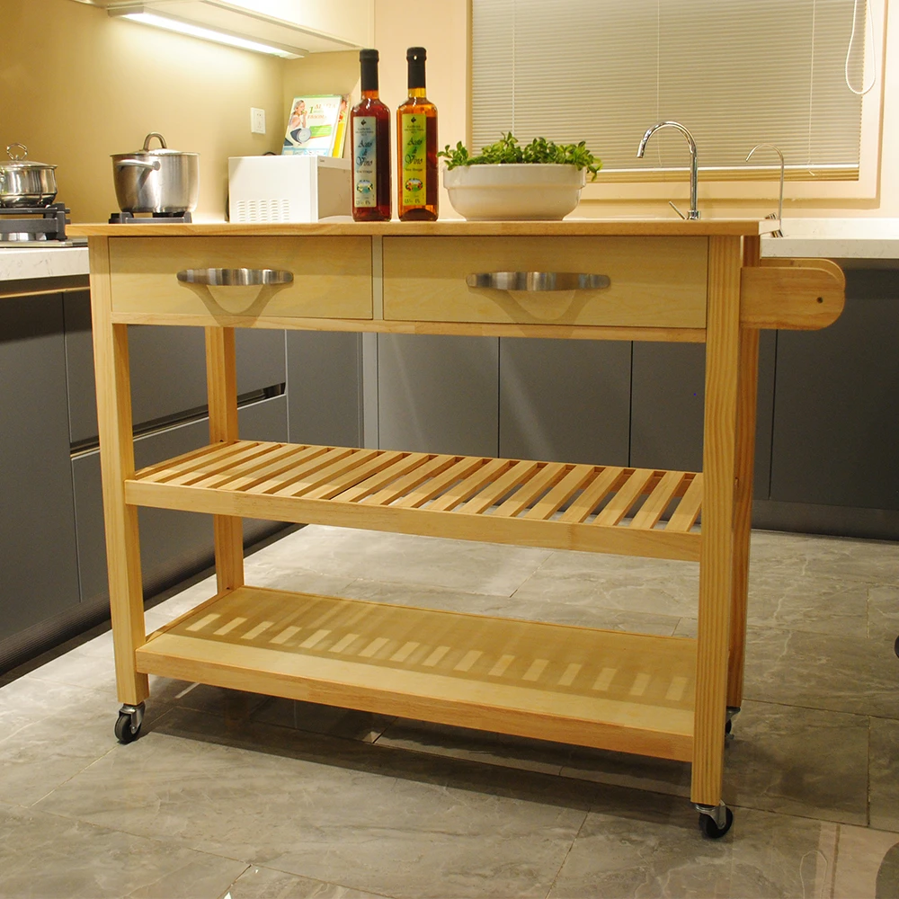 Kitchen Island & Kitchen Cart, Mobile Island with Two Lockable Wheels, Rubber Wood Top, Simple Design & Kitchen Islands