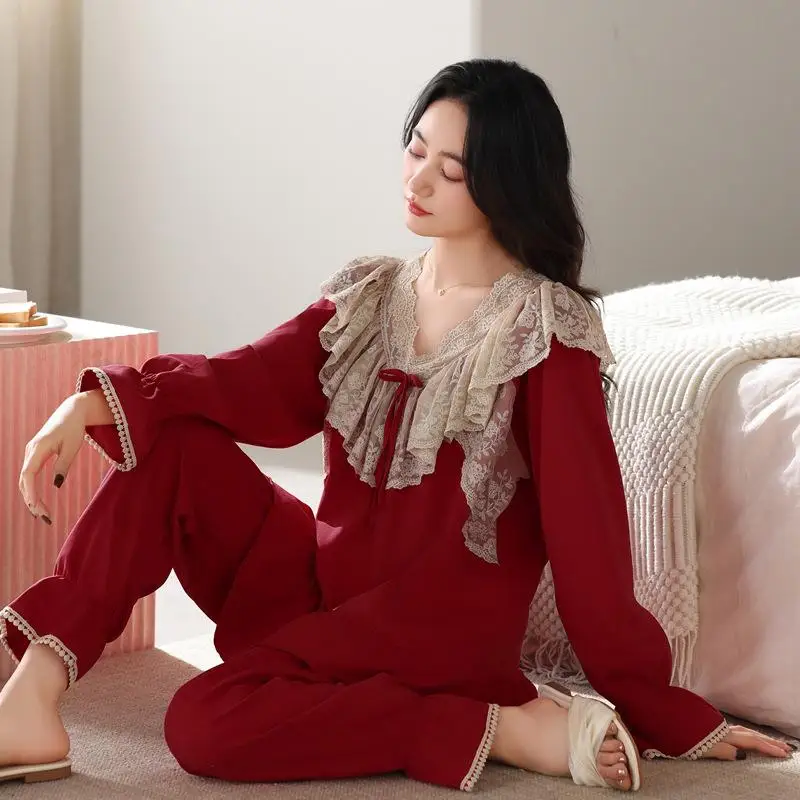 Women's Floral Long Sleeved Long Pants Pajama Set Women's Spring and Autumn Lace Round Neck Home Wear Student Soft Two-Piece Set