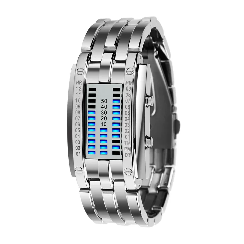 Creative Mens Binary Matrix Blue LED Digital Watch Fashion Classic Black Plated Waterproof LED Backlight Womens Bracelet Watches