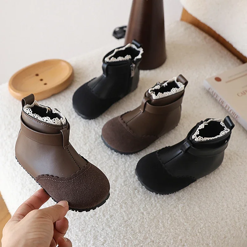 

Children Casual Shoes for Girls 2025 Winter New Fashion Korean Style Soft Sole Non-slip Versatile Princess Lace Leather Boots