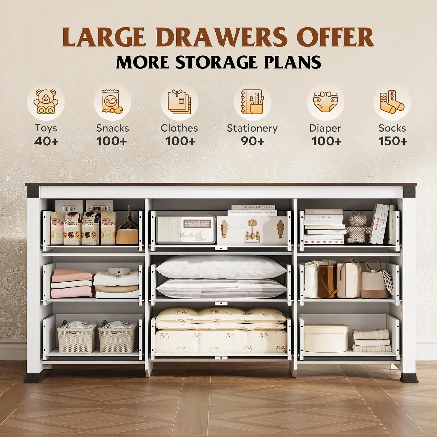 Wide 9-Drawer Dresser White Chest SGS Anti-Tip Bedroom Storage, Customized