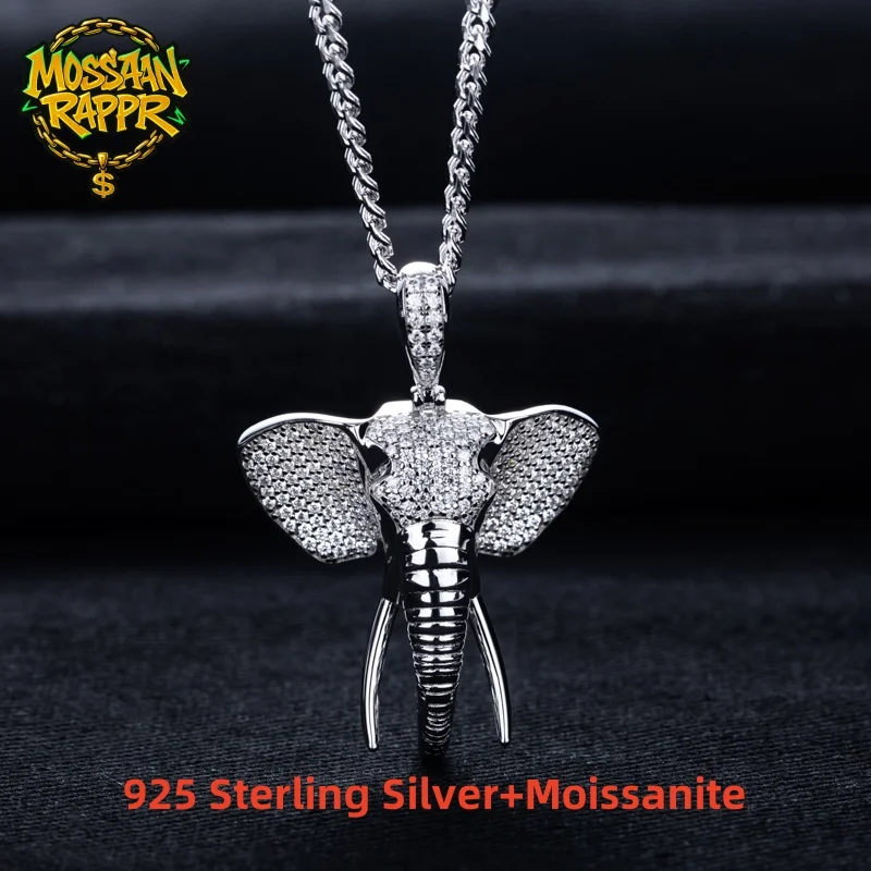 

MossanRappr 1.79cttw Moissanite Iced Out Animal Elephant Pendant Hip Hop Necklace 925 Sterling Silver Rock Punk Jewelry for Men