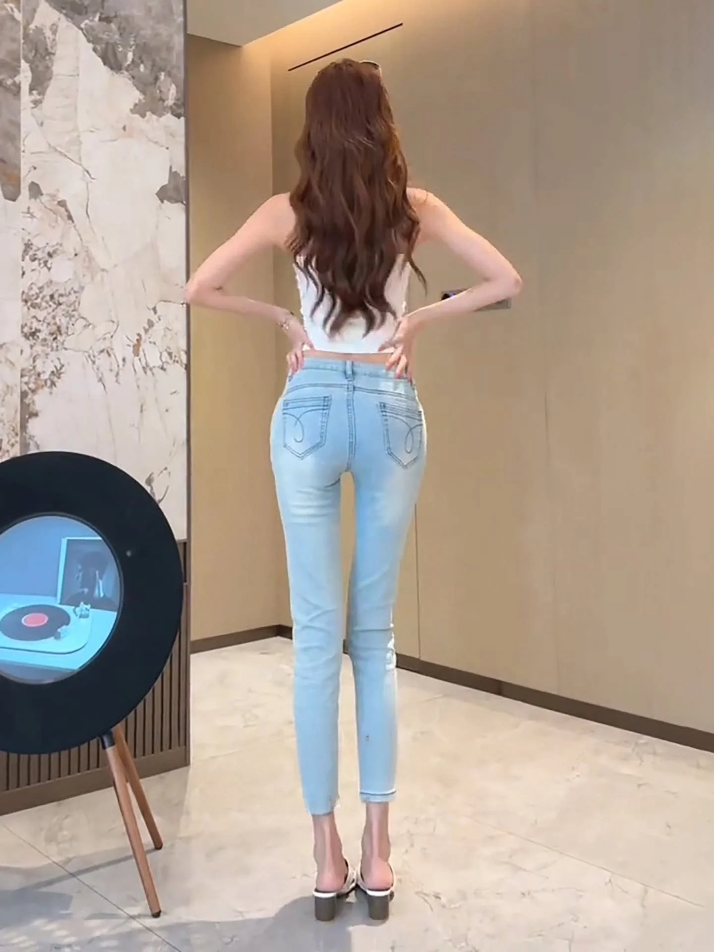 

High Waist Slim Fit Blue Jeans Women's Pencil Pants Bootcut Butt Lifting Slimming Nine Points Cotton Stretch Denim