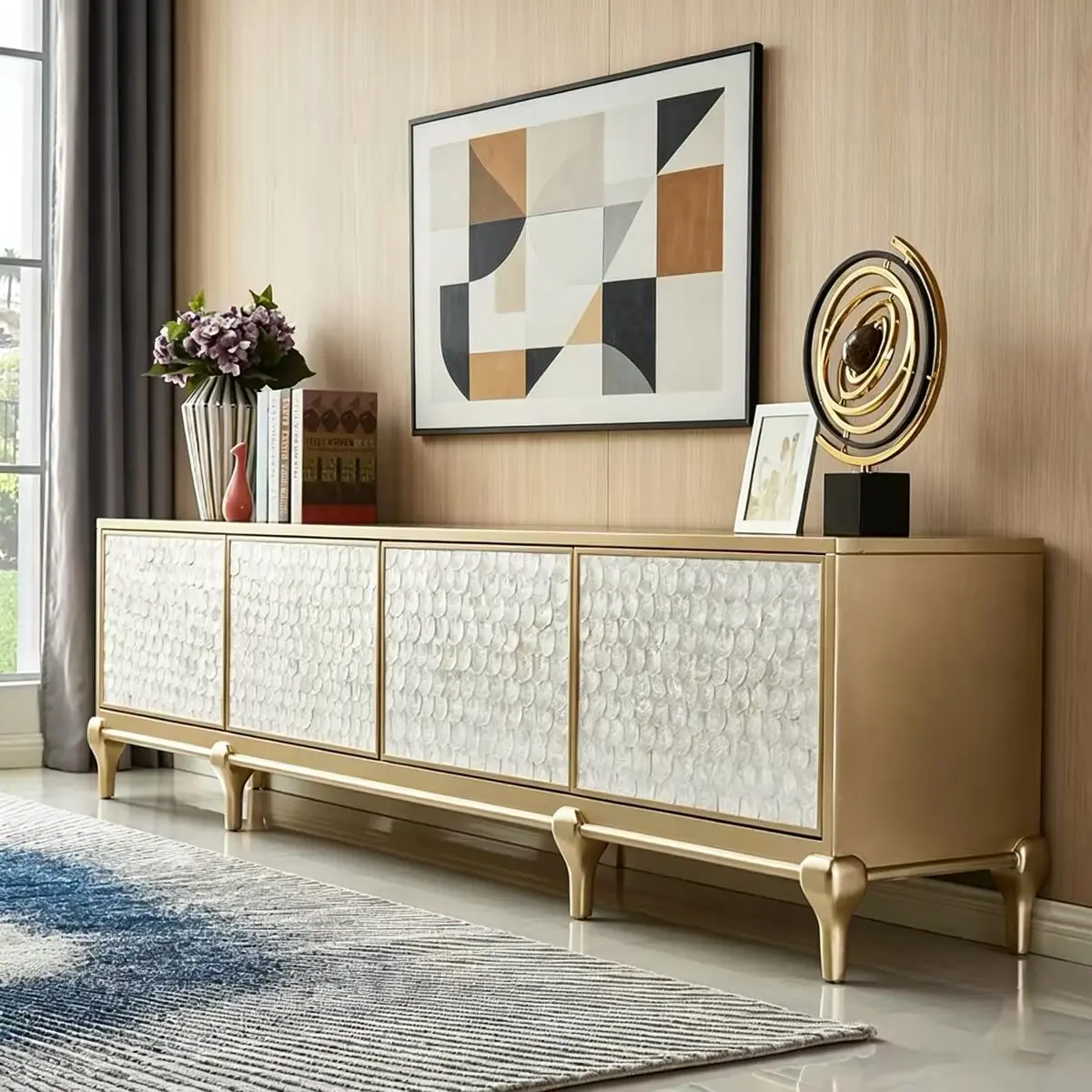 TV cabinet living room 2026 new American Shell home TV cabinet light luxury living room style solid wood coffee table combo