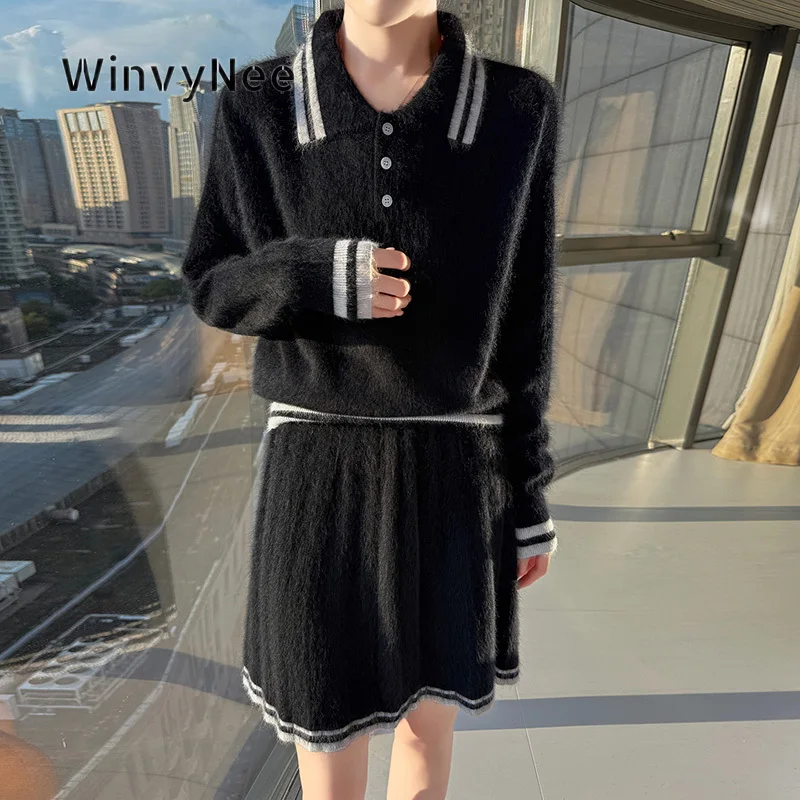 WinvyNee Women Knitted Two Piece Set Mink Cashmere Polo Collar Pleated Skirt Loose Cut Brushed Fabric Preppy Soft Vibe  F1248096