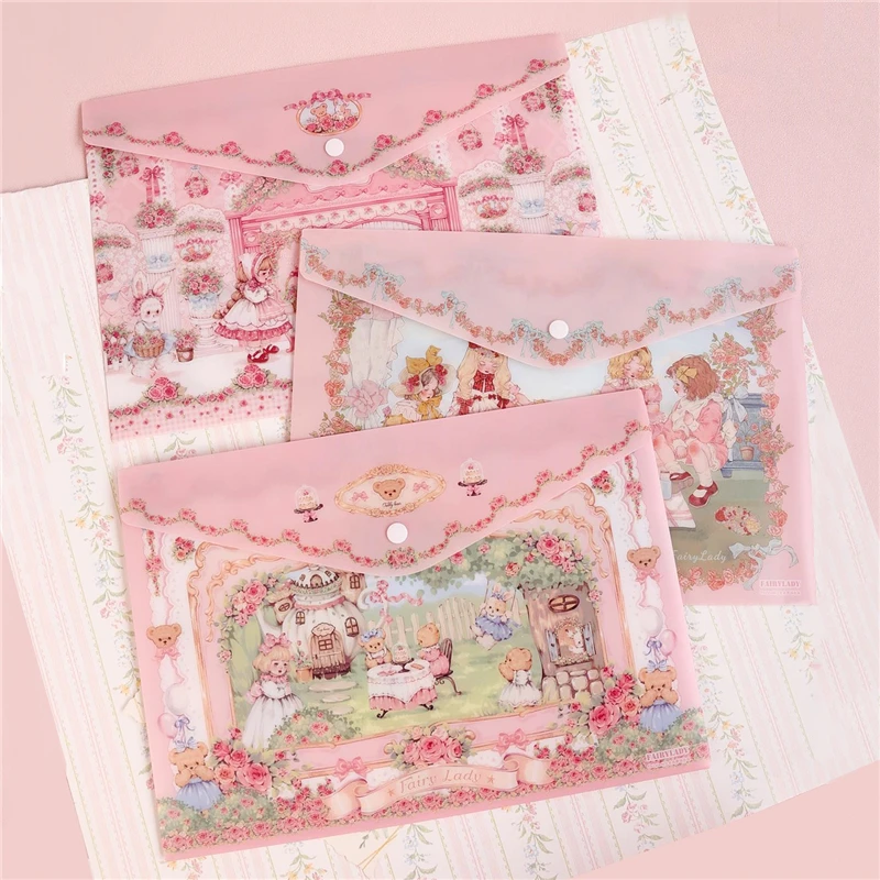 Kawaii A4 File Bag, Cute Cartoon, Test Paper Pen Storage Clip, Pink, Large Capacity, Office and School Supplies, 2Pcs