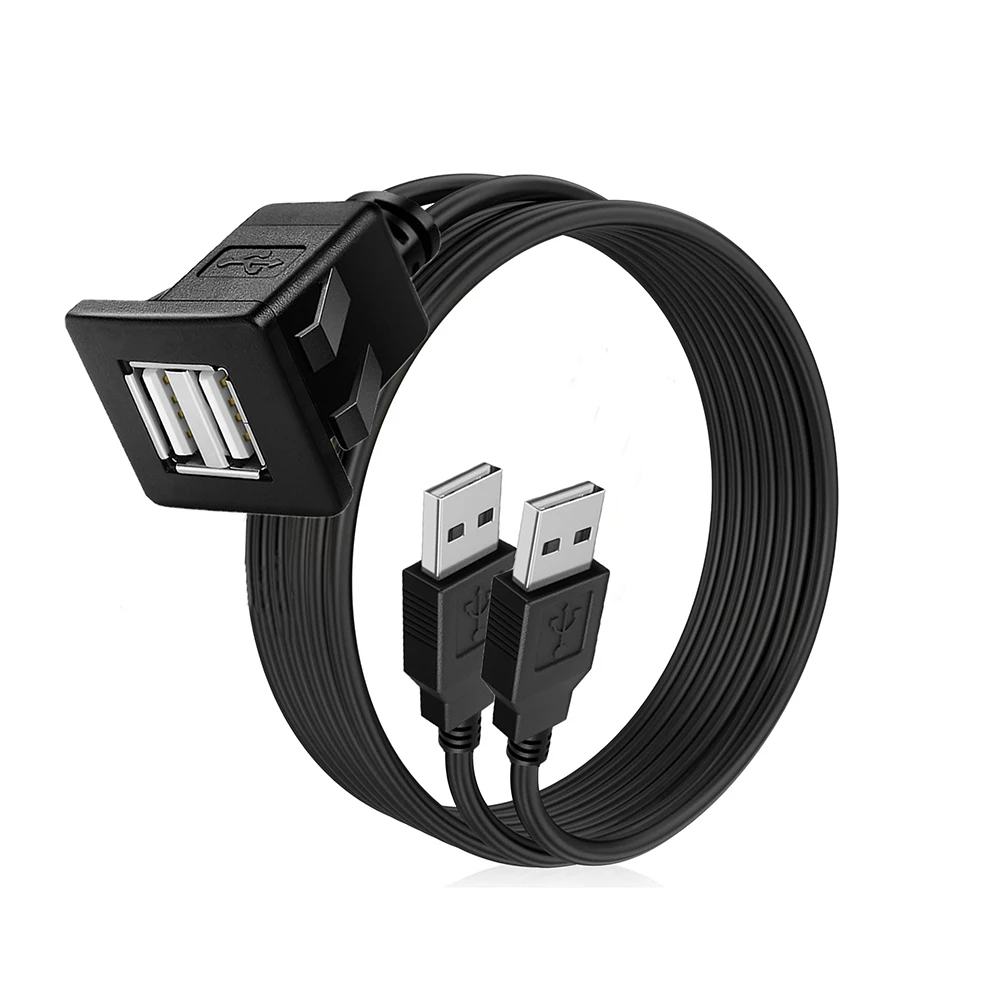 

1m 3ft Square Dual USB 2.0 Extension Cable Flush Mount Panel Dash Mount 2 Ports USB-A Data Cord for Car Boat Waterproof Cord