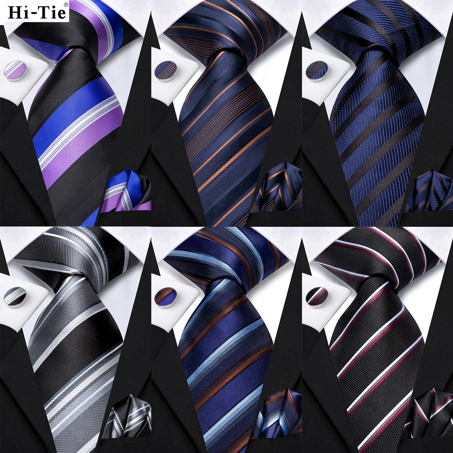 

Hi-Tie Navy Blue Striped Silk Tie For Men Elegant Men Necktie Pocket Square Cufflink Groom Wedding Accessory Wholesale Designer