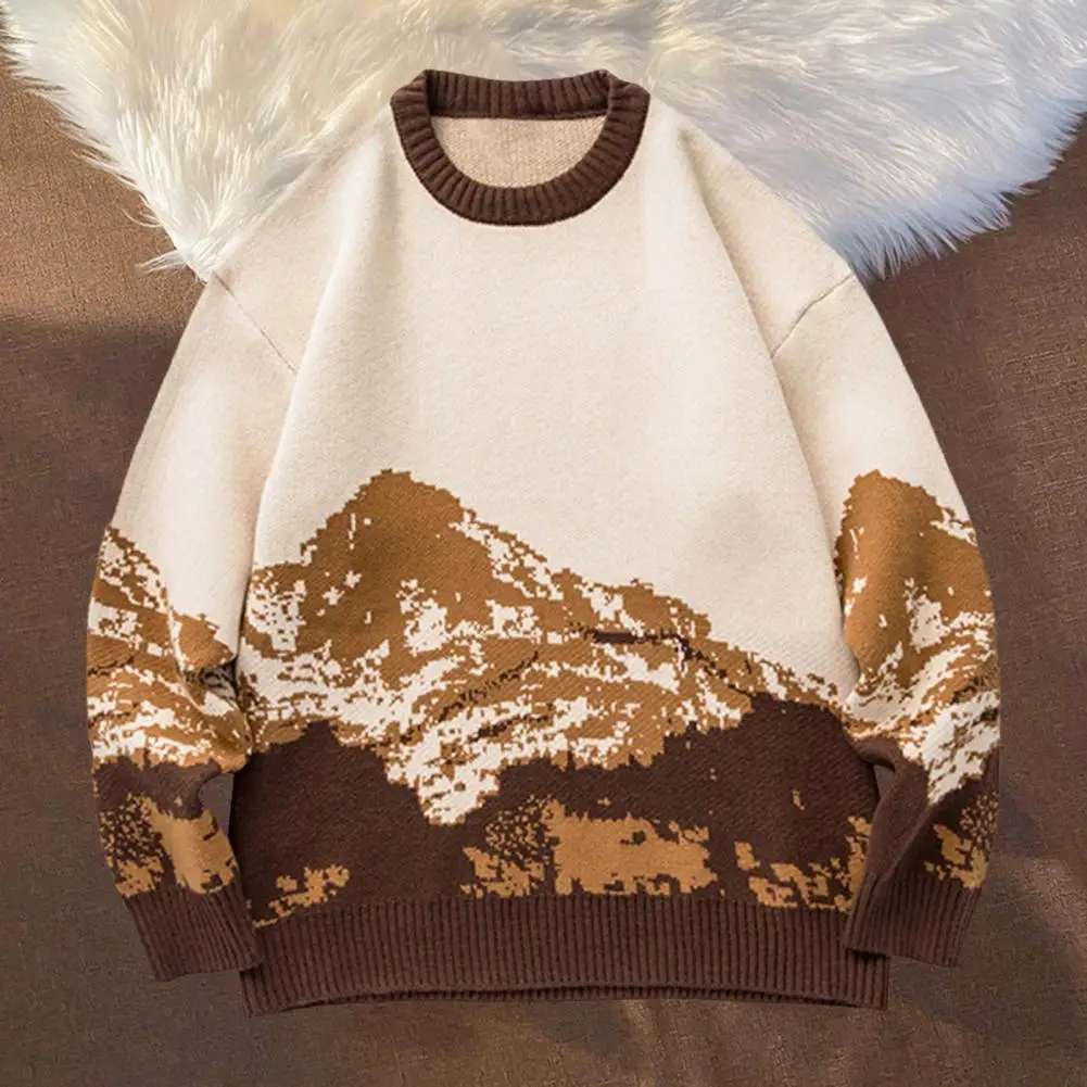 冬のセーター レトロ ブラウン セーター メンズ タイダイ スノーバーグ パターン セーター カラーマッチング ラウンドネック 厚手 ニット 秋用