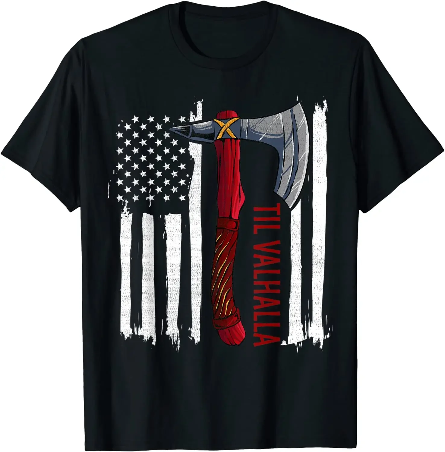 

Nordic Warrior Axe American Flag - Til Valhalla T-Shirt 100% Cotton O-Neck Short Sleeve Summer Casual Mens T-shirt Streetwear