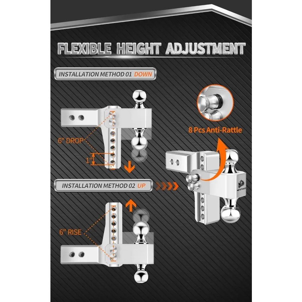 Aluminum Trailer Hitch with 2.5-Inch Receiver - METOWARE Heavy-Duty Hitch for 6-Inch Drop/Rise Adjustment