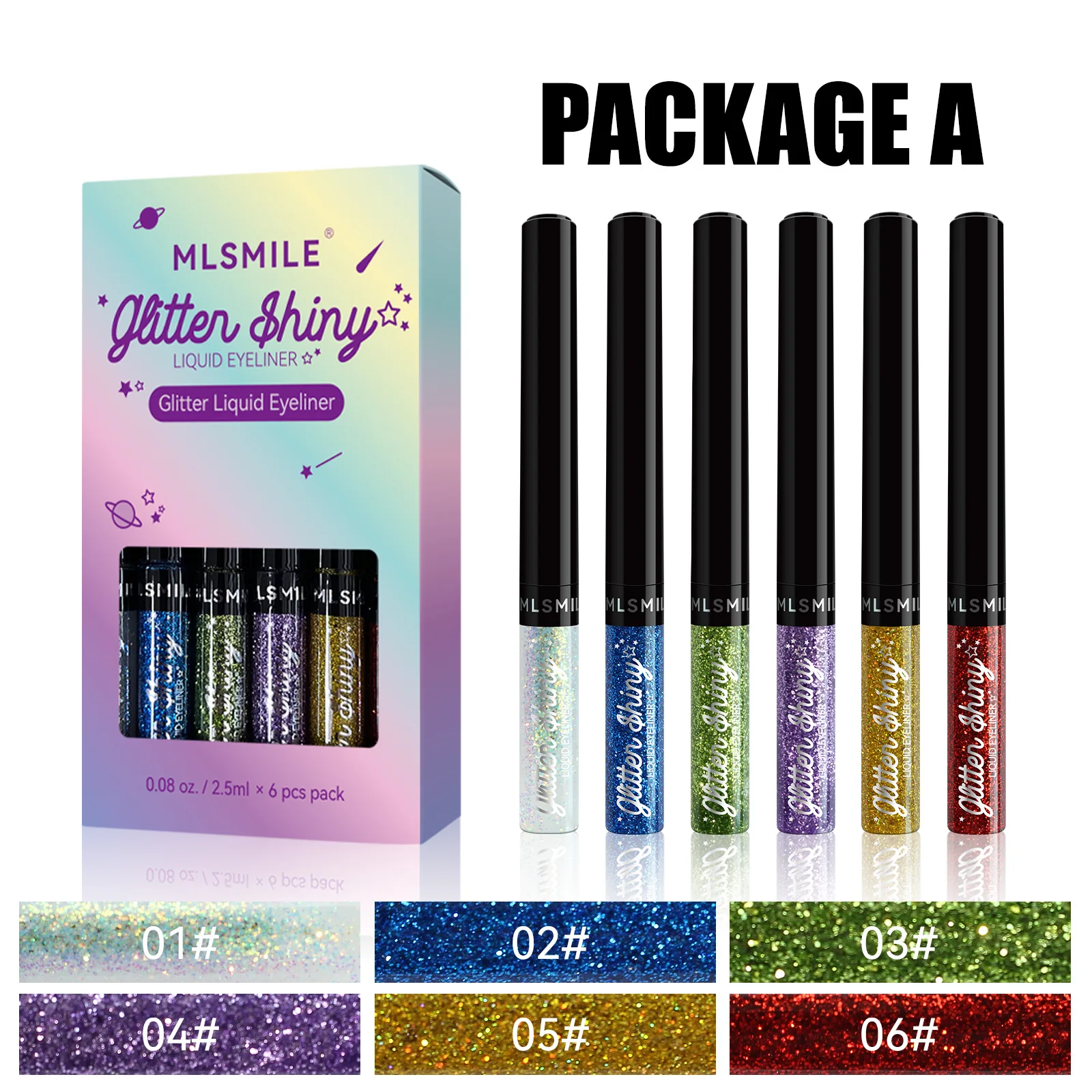 MLSMILE 6 pcs Pearl Liquid Eyeliner Flash Color Glitter Eyeshadow Long-lasting Waterproof Non-Smudgy Eyeliner Set