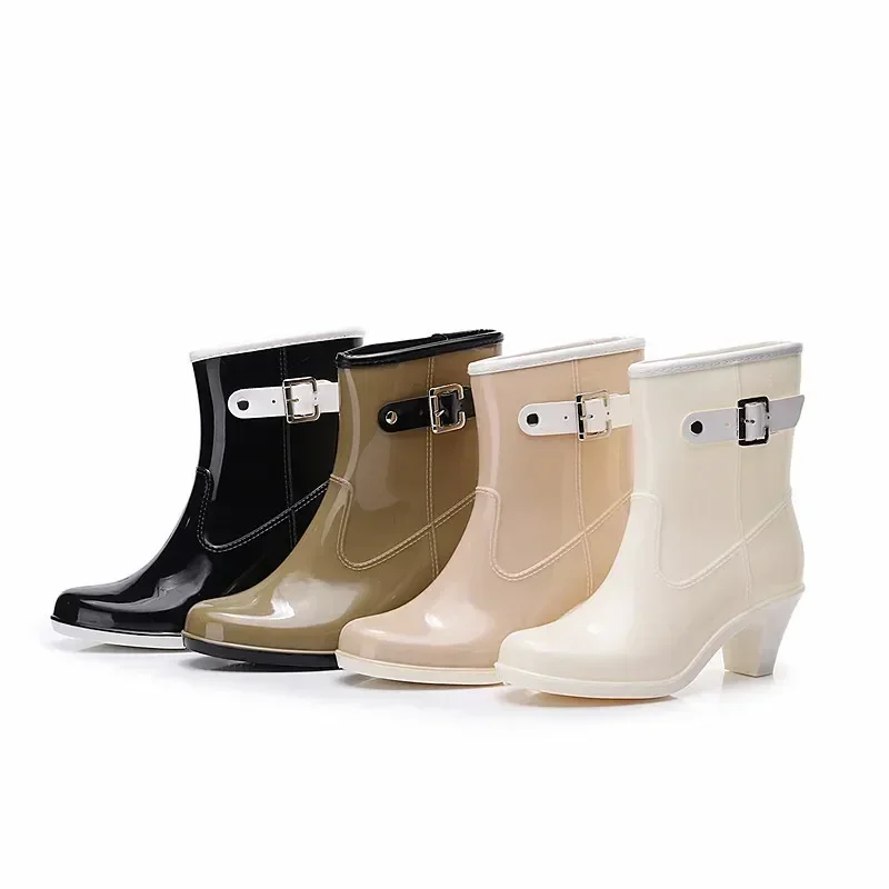 Dames Regen Enkellaarsjes Dames Waterdichte Vrouw Korte Laars Vrouwelijke Antislip 6cm Hoge Hak Mode Waterschoenen Casual Botas Mujer