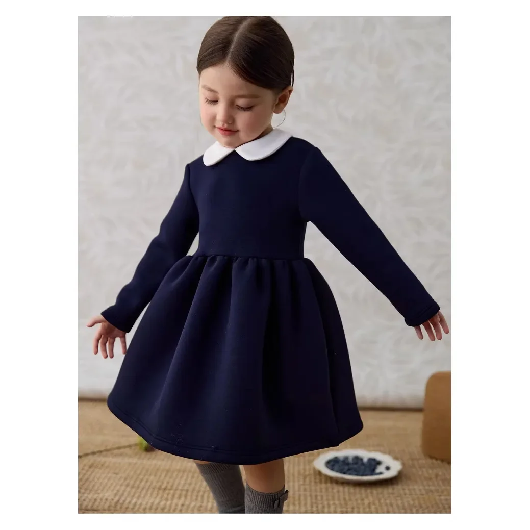 Baby Girls Dress Fashion Long Sleeve Pure Color Peter Pan Collar High End 2024 Jesienna nowa sukienka dziecięca