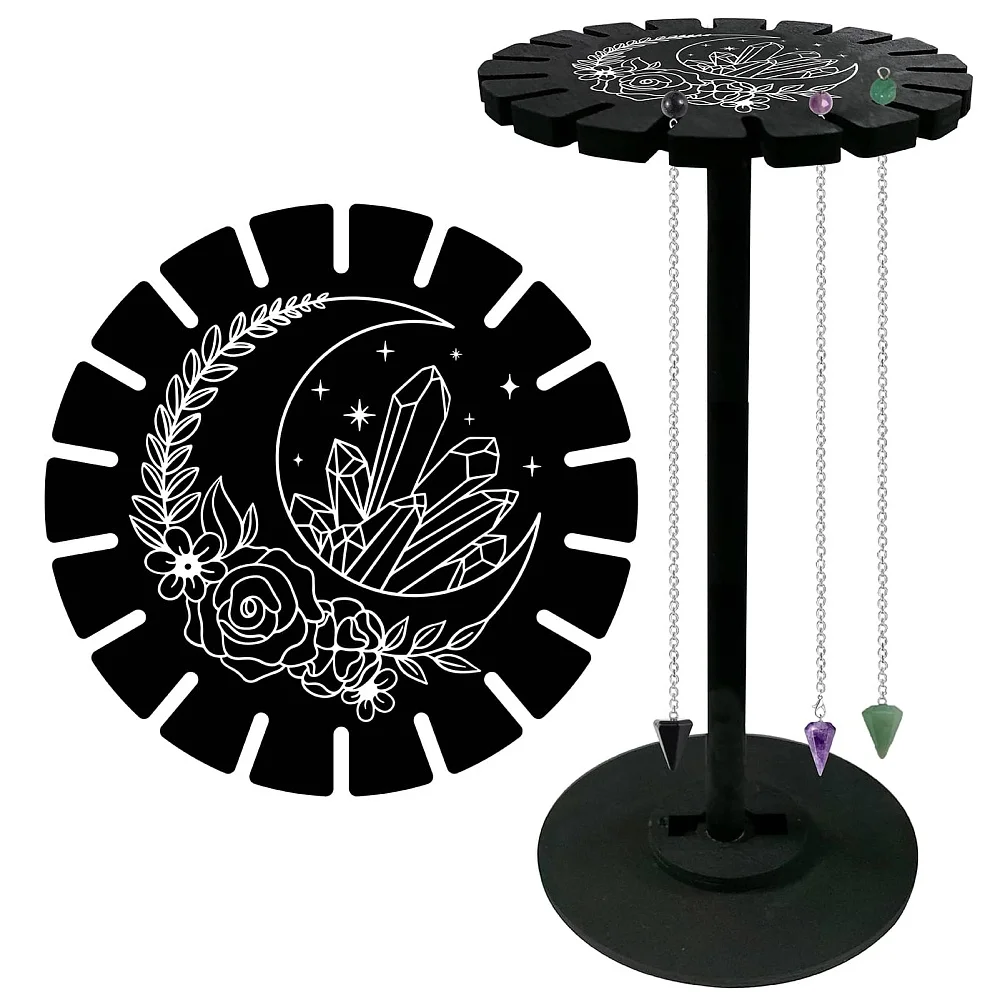 Moon Pendulum Shelf with 3Pcs Chains Pendant Display Holder Stand Black Dowsing Divination Metaphysical Boards Witchy Stuff
