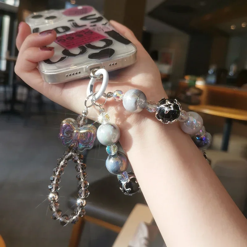 Double Chain Mobile Phone Lanyard Bow Wrist Rope Lanyard Pentagonal Star Pendant Crystal Bead Pendant Universal Phone Case