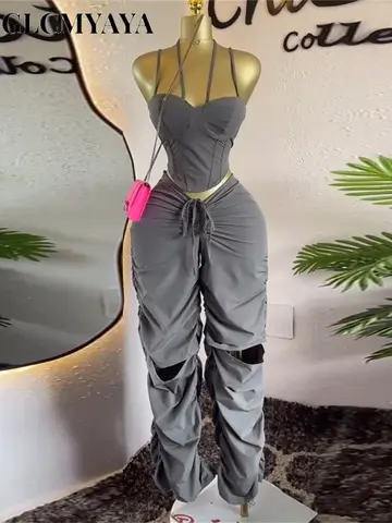 GLCMYAYA – ensemble tunique à bretelles pour femmes, haut court et pantalon froncé empilé, tenue de vacances, deux pièces, mode de rue, 2025
