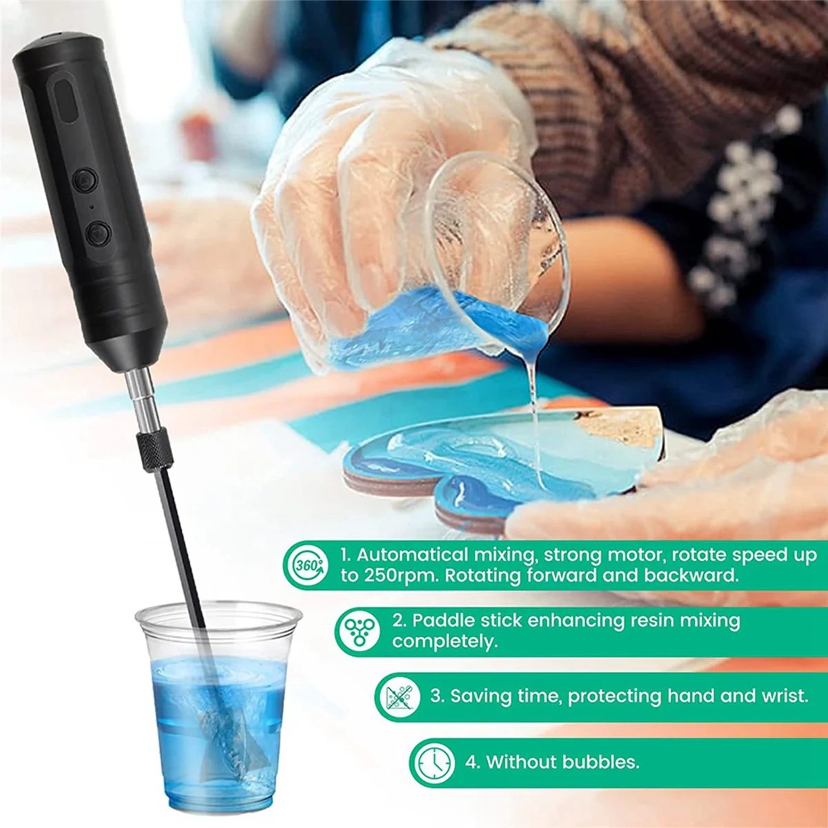 Epoxy Mixer, Handheld Resin Mixing Tools for Resin Stirring - Electric Stirrer Machine with 4Pcs Paddles