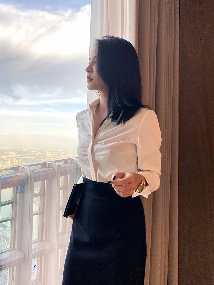 

Белая женская рубашка с длинным рукавом, винтажный деловой дизайн, профессиональный элегантный топ, стильная офисная одежда, V-образный вырез, на пуговицах, приталенный крой, для офиса