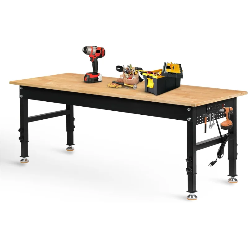 

70" Adjustable Height Workbench, 2000 LBS Heavy Duty Work Table with Power Outlets & Pegboard, Rubber Wood Workstation