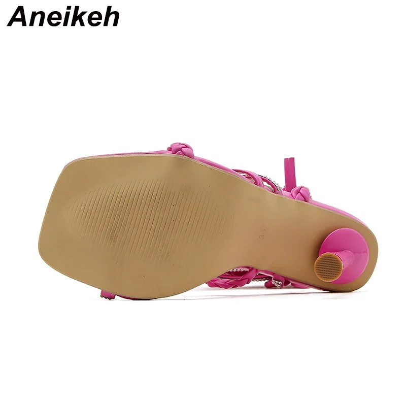 Aneikeh 2025 Summer Pinch toe woven fabric PU Women Sandals Thin High Heels Fashion Cross-Tied Square Head Party wedding Shoes