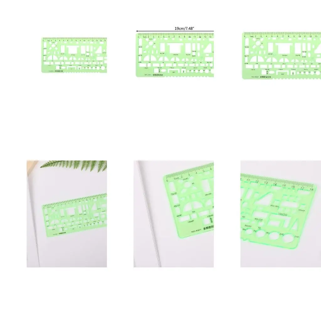 6가지 스타일의 녹색 플라스틱 원형 기하학적 템플릿 자, 스텐실 측정 도구, 학생용 그림 그리기 곡선 자