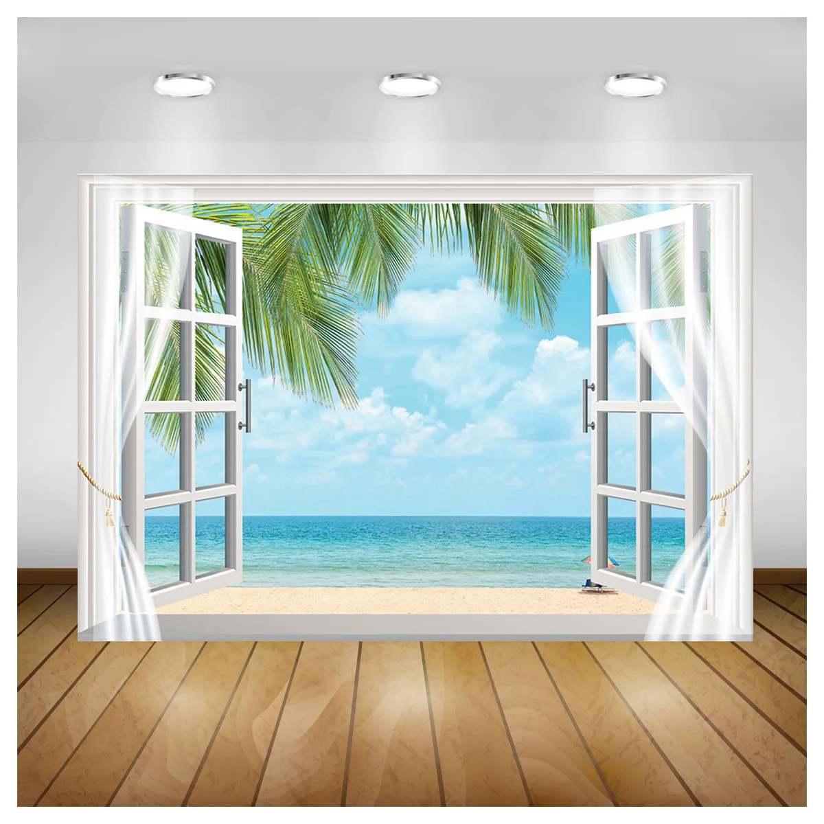 

SHUOZHIKE Window Beach Coconut Tree Photography Backdrops Props Scenery Mall Indoor Decoration Photo Studio Background HH-16