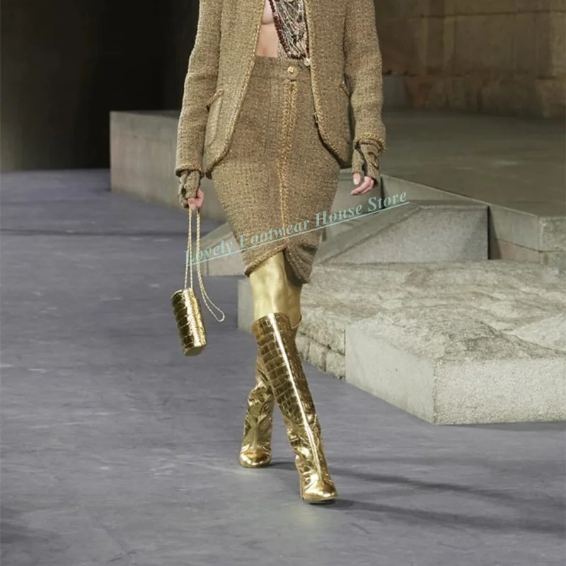 

Luxury Gold Leather Woman Designer Knee High Boots Pointed Toe Female Slip On Square High Heel With Diamond Decoration Boots