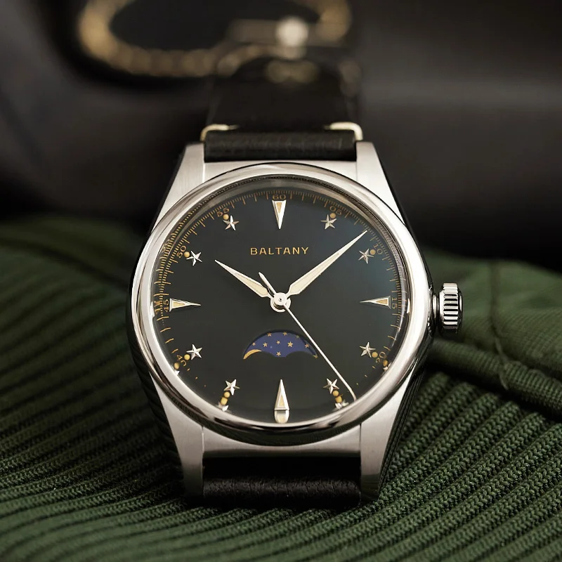 Baltany 36mm Dress Watches Man S4042 Sapphire Crystal Stainless Steel ​10Bar Waterproof Vintage Quartz Moonphase Wristwatches