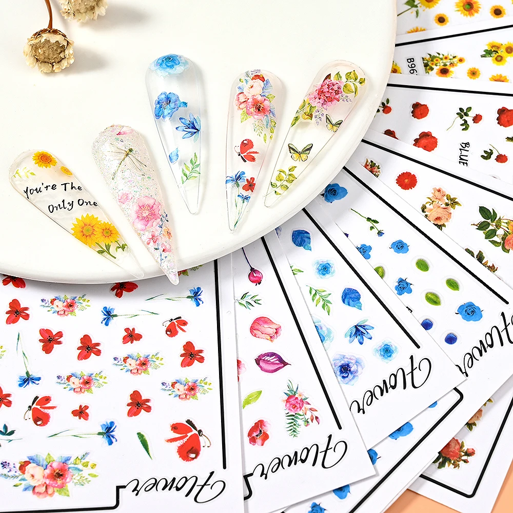 1Sheet Summer Flower Nail Art Stickers 3D Self Adhesive Sunflower Rose Design Nail Decals Colorful Floral Sticker For Nail Decor