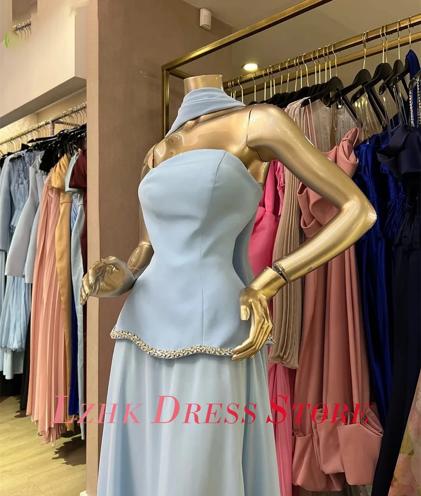 Gaun Malam Pita Kristal A-Line Sifon Anggun Kustom Gaun Prom Tanpa Tali Panjang Selantai Tanpa Lengan Temperamen