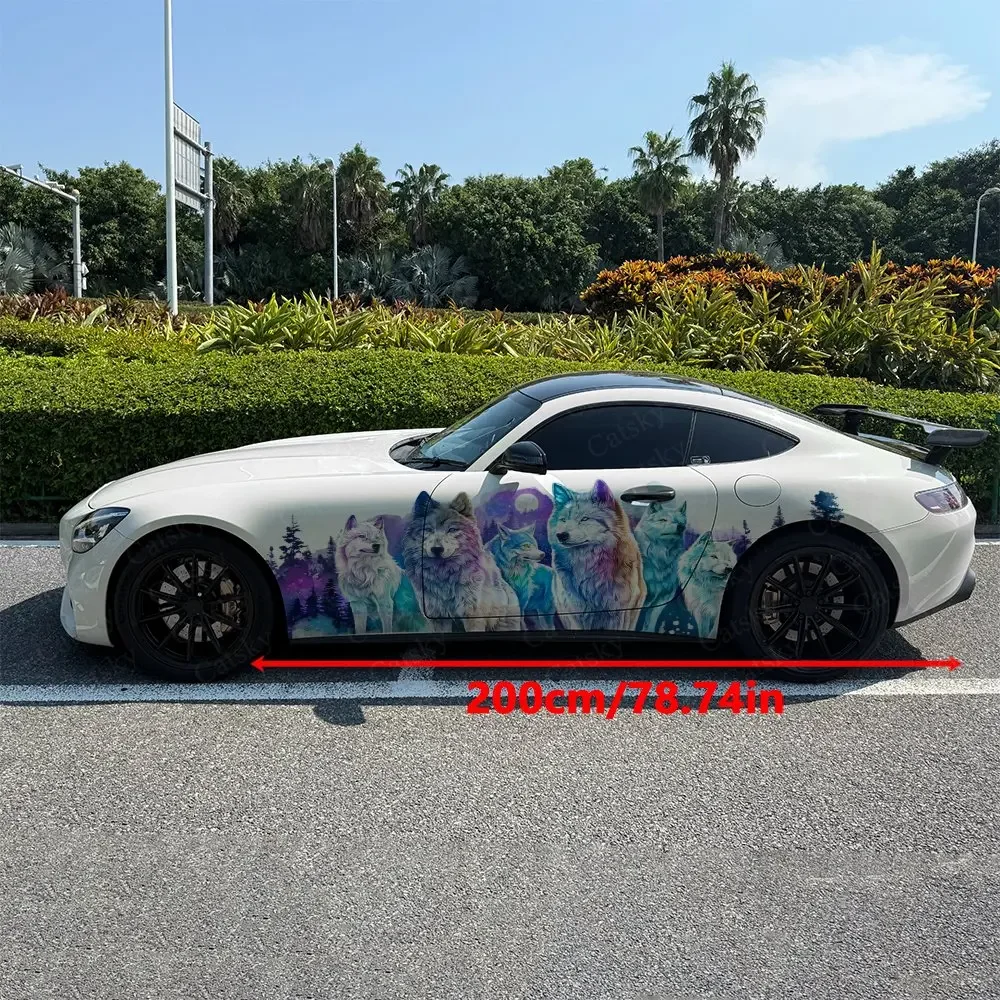 2pcs Starry Sky Wolf Pack Car Side Wraps, Self-Adhesive PVC Waterproof & Scratch-Resistant Stickers, Car Accessory Gift
