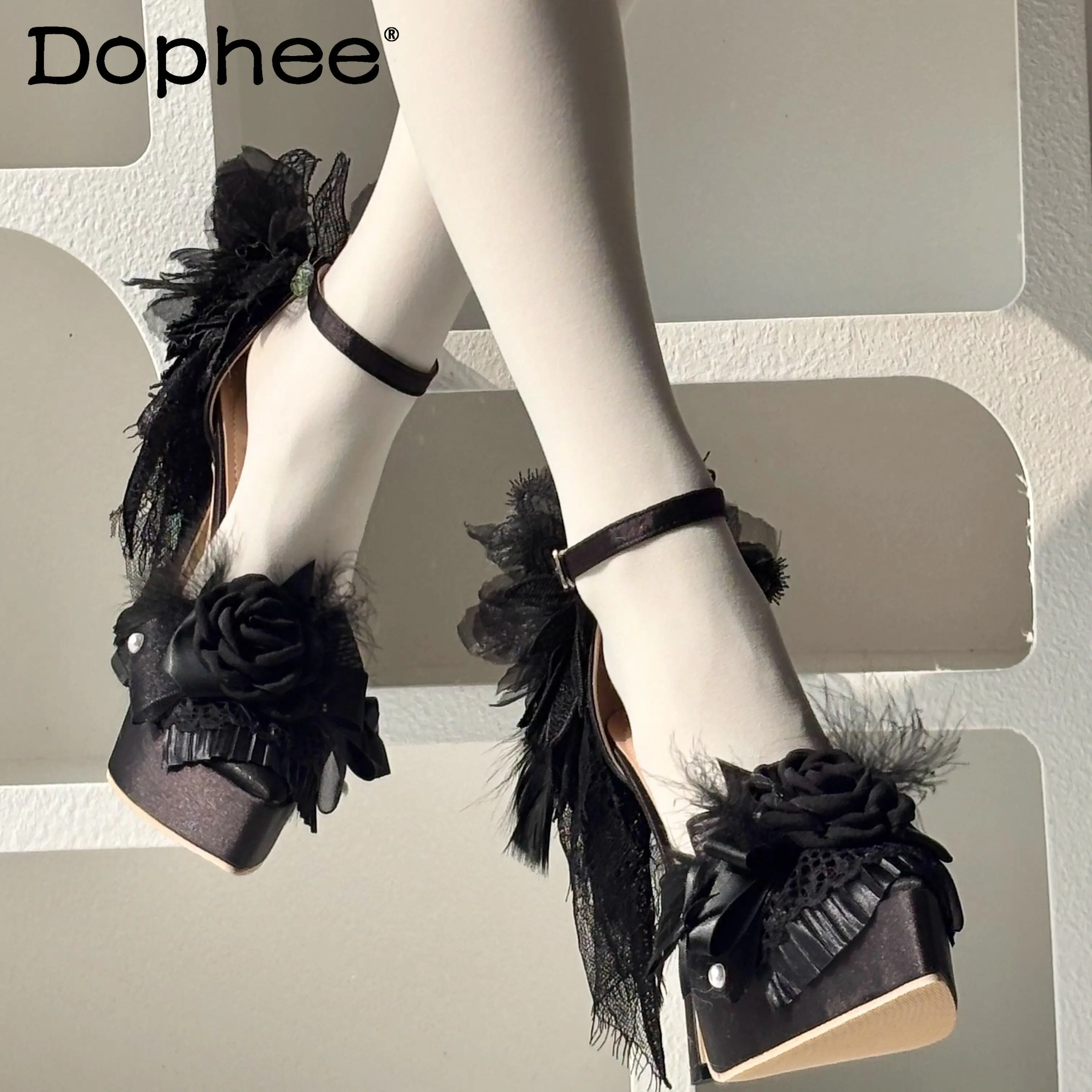 

Original Women's Black High Heel Pumps Spring Summer Ladies Sweet Elegant Gothic Waterproof Platform Shoes Woman Wedding Pumps