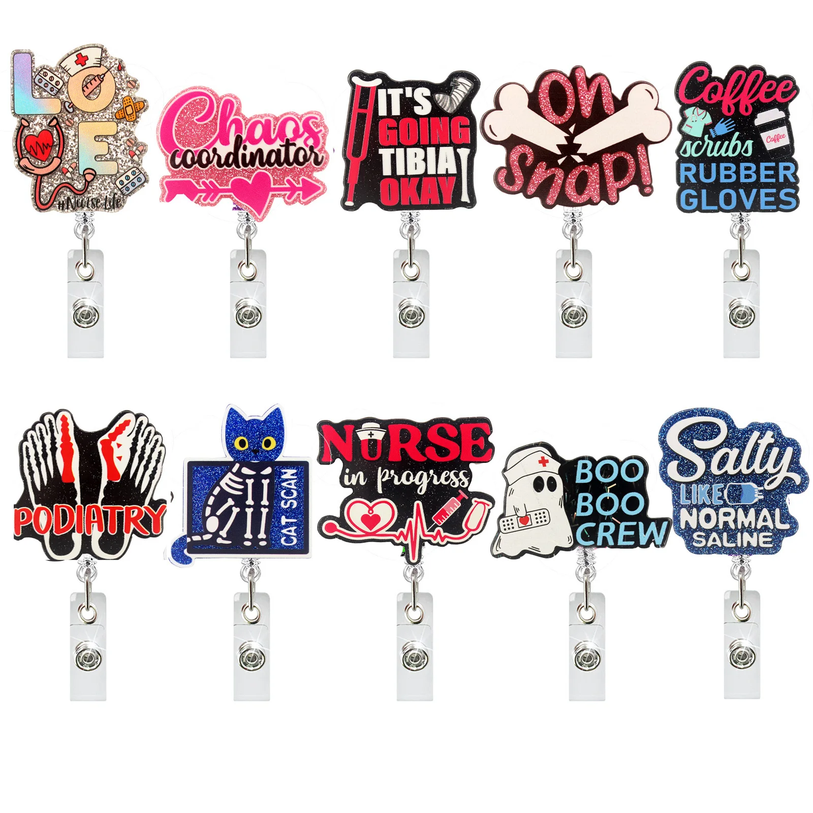 Newest Glitter Acrylic Nurse World Badge Reel Retractable ID Badge Holder With 360 Rotating Alligator Clip Nurse Name Holder