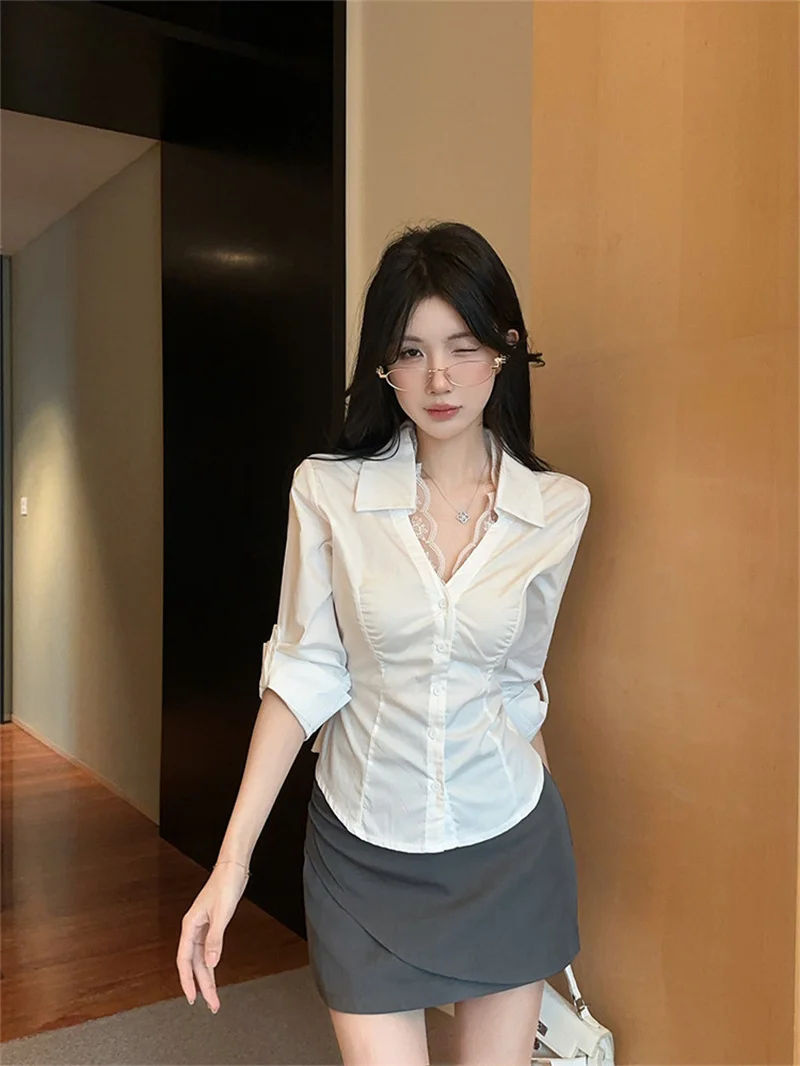 Slim Fit Long Sleeve White Shirt Women's Fashionable Commute Style V-Neck Shirt Waist-Cinching Elegant Lady Wind Summer New