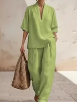 Fashion Cotton Linen Pant Set Women's Casual Stand Collar Button Top Wide Leg Trousers 2-piece Set Retro Female Office Suit 2026 - Image 3