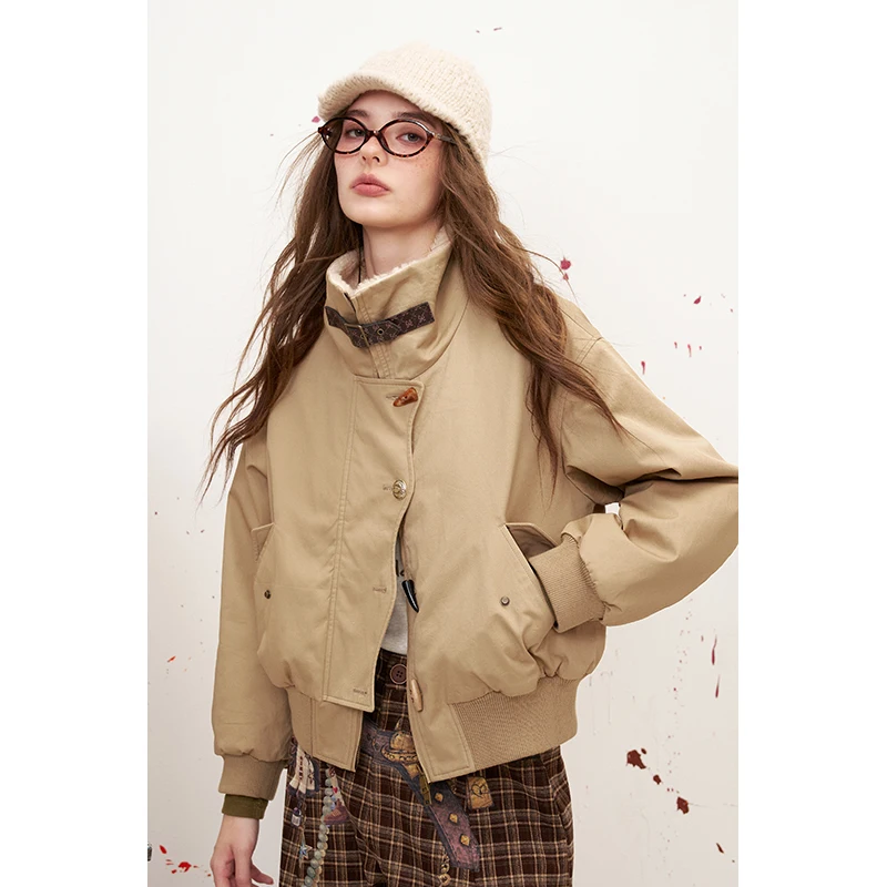 ELFSACK Women's Khaki Padded Jacket with Sherpa Collar, Vintage Outerwear for Fall Winter, Casual Bomber Coat