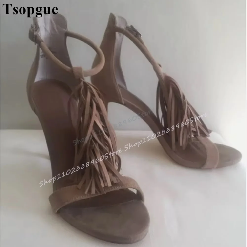 

Casual Khaki Flock T Strap Tassels Sandals Thin High Heel Shoes For Women Ankle Buckle Strap Open Toe Casual Stylish Sandals