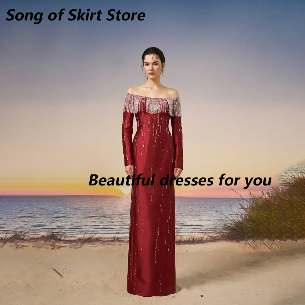 

Saudi Arabian Evening Dress Customized Off The Shoulder Boat Neck Tassel Bead Straight Satin Prom Gown Arab Party Dress Pageant