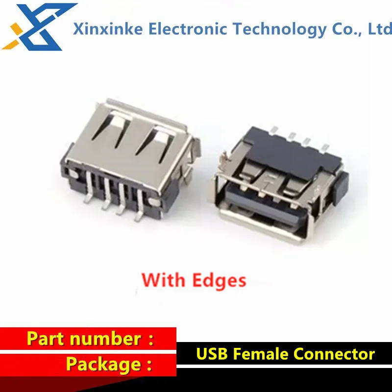 20PCS USB Female Connector 90-Degrees 10.0 Short Body Vinyl Without Edges/With Edges Type-A socket H6.3 Two Terminals