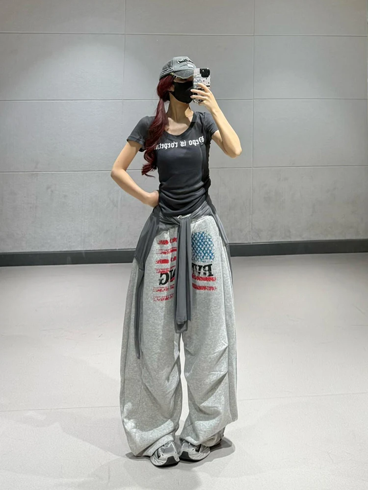 Pantalones de pierna ancha con estampado de letras y bandera americana retro, pantalones largos hasta el suelo para baile callejero de hip hop de otoño para mujer, pantalones drapeados de pierna recta...