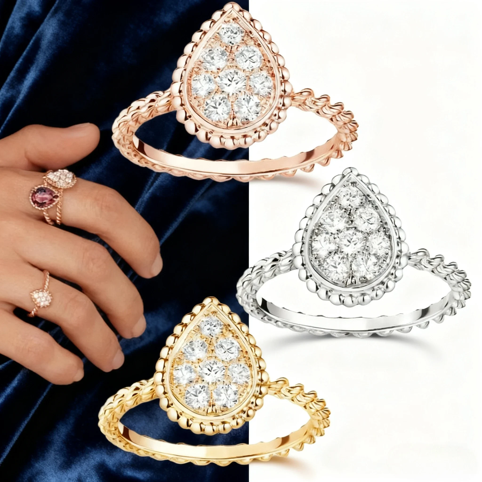 

Модные аксессуары 2025 года. Изысканное и элегантное большое кольцо с каплями воды. Модные вечерние универсальные ювелирные изделия на рабочем месте.