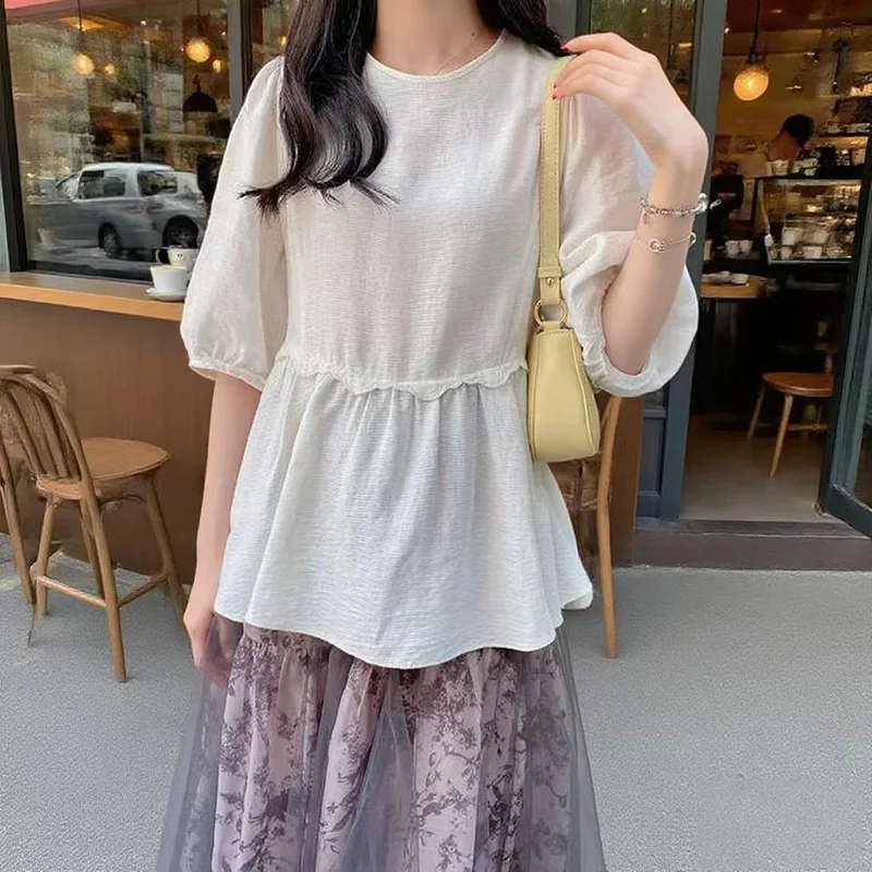 

Sweet And Mischievous Embroidered Pleated Waist Cinched Ba Tied Silk Linen irt Women's Regular Fit ort Sve round Ne
