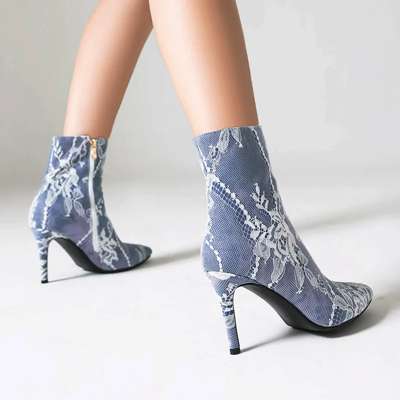 Phoentin sexy pointed toe lace denim Ankle boots 2023 Autumn super thin high heels shoes party Women short boot size 45 FT3087