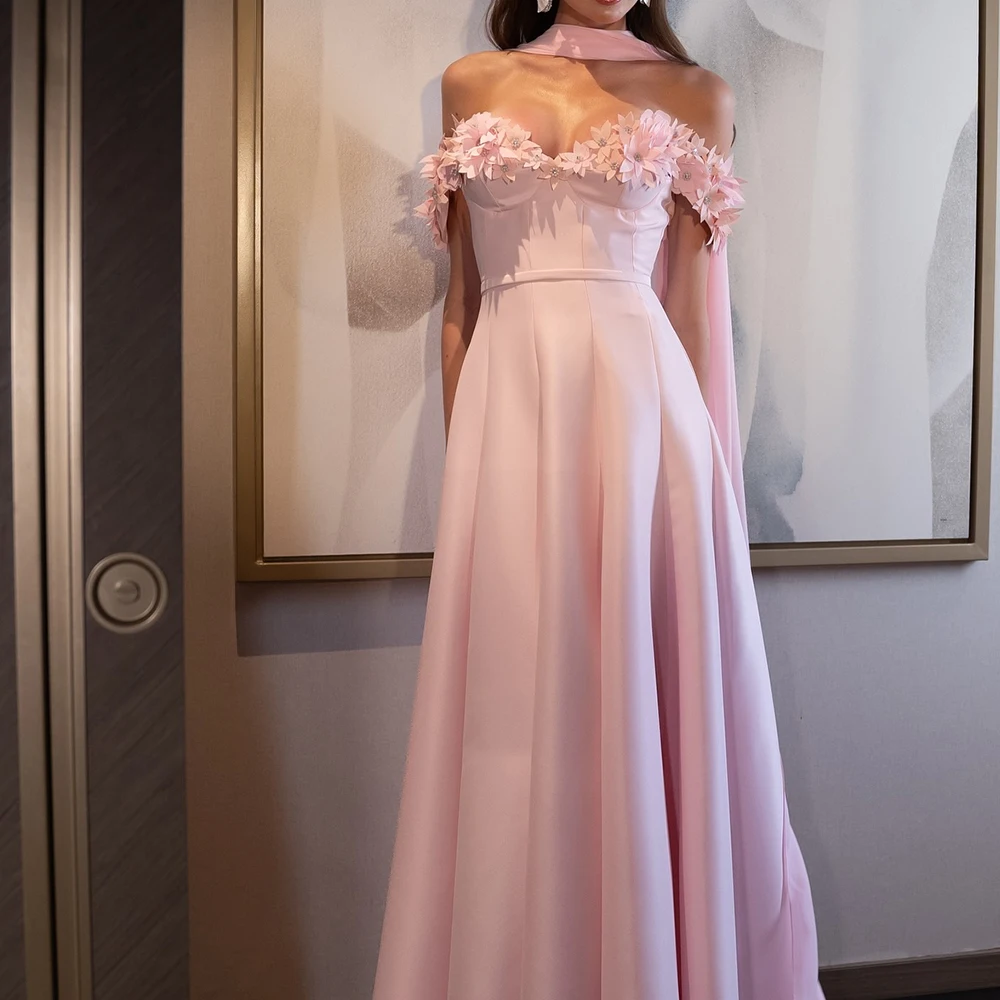 

Customized Exquisite Pleats Ribbons Flowers Crystal Lace Up Back Evening Dress Graceful Sweetheart Off the Shoulder Party Gown